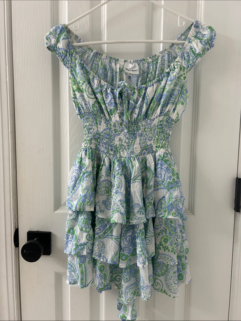 Sky to Moon Paisley Print Tiered Ruffle Shorts Romper in Blue & Green